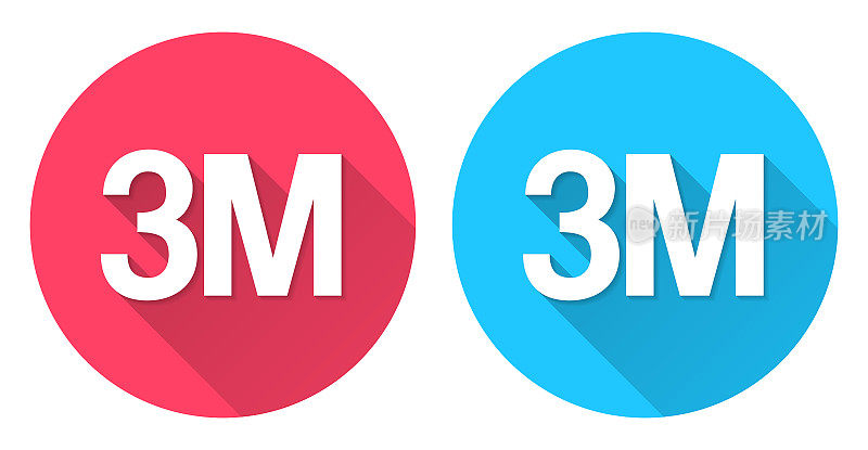 3M - 300万。圆形图标与长阴影在红色或蓝色的背景